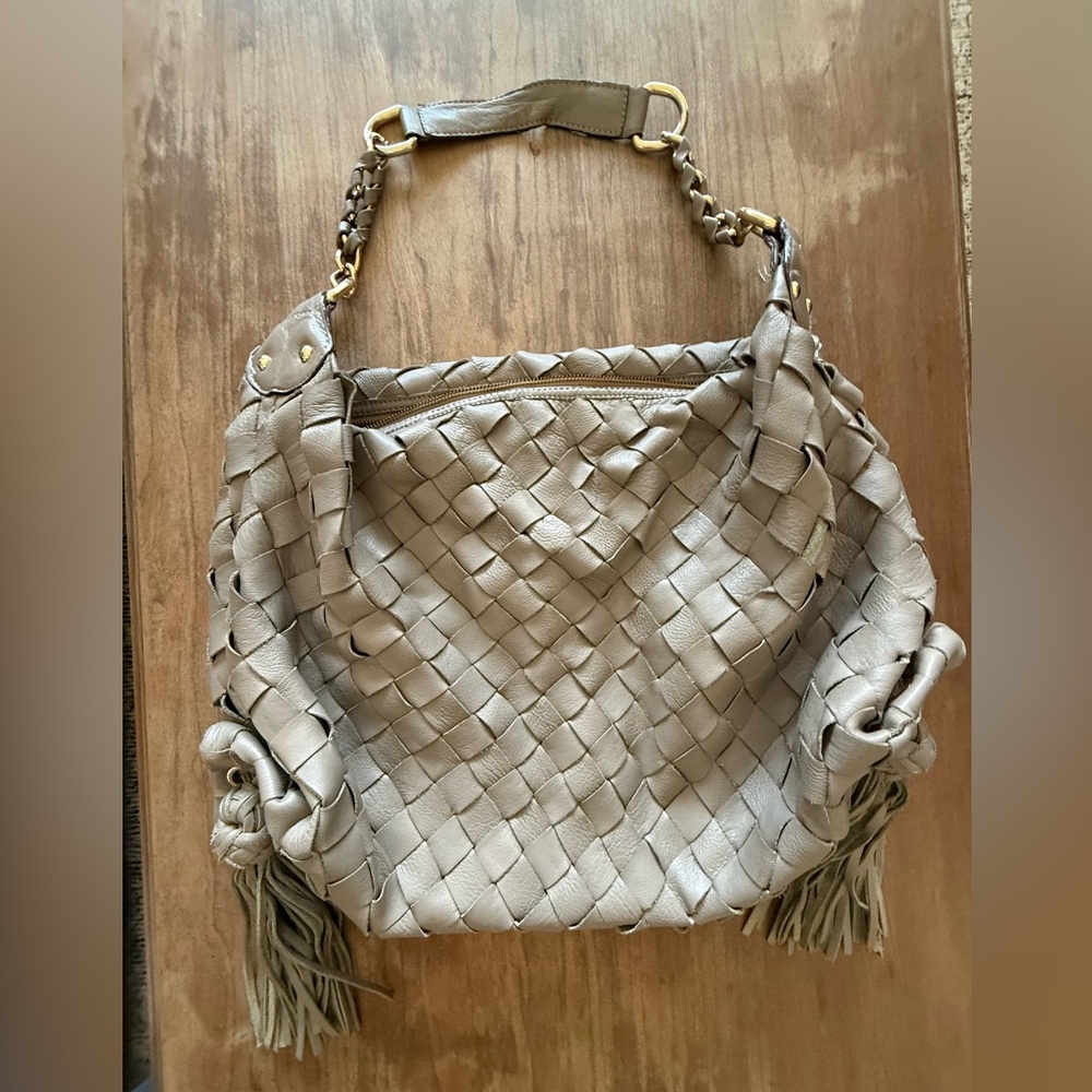 Top Shop Real Leather Elegant greyish/ Tan Woven large Shoulder Bag - Picture 3 of 9